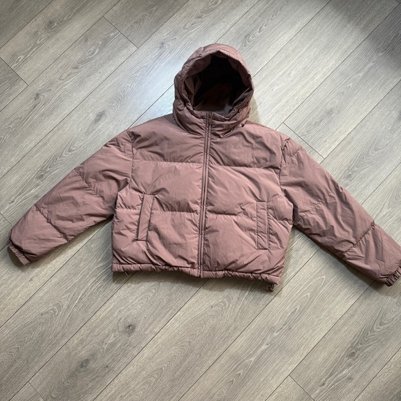 Oysho Women’s Down Feather Cropped Hooded Puffer Jacket Brown Size L - Picture 1 of 13